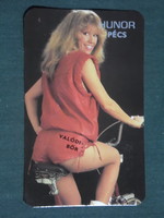 Card calendar, Pécs Hunor glove factory, leather clothing, erotic female model, camping bicycle, 1986