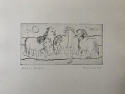 Károly Reich (1922-1988) nude and horses (circa 1967) c. Etching /9.5x19.5 cm/