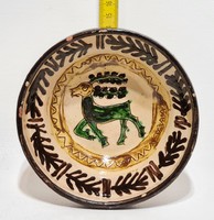 Folk, green, yellow deer pattern, off-white glazed ceramic wall plate (2797)