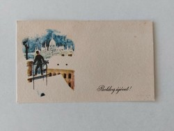 Régi mini képeslap újévi üdvözlőkártya kéményseprő parlament