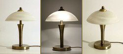 Antique-effect metal table lamp with double-bulb mushroom torch-shaped body with copper bronze white opal glass cover