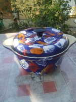 Retro 3.5 Liter, blue enameled, large cast iron baking dish, with legs, enameled iron dish with lid