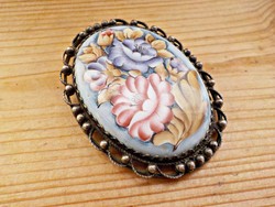 Large silver plated Russian hand painted fire enamel brooch