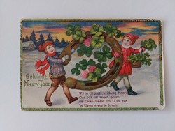 Old New Year's card postcard children clover lucky horseshoe