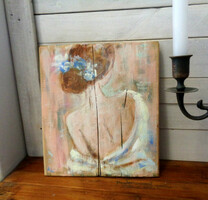Rustic wood decoration - woman with flowers wall picture