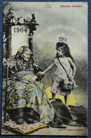 Antik színezett Bergeret fotó képeslap Újévi -   1905 kisleány búcsúzik 1904 anyótól