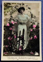 Antique greeting photo postcard - lady with rose