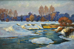 A sunny winter landscape by Holba Tivadar (1906 - 1995).