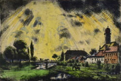 Sunny village landscape by István Boldizsár (1897-1984).