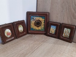 Enameled red copper picture collection in a leather frame
