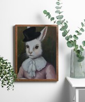 Charming bunny in hat, vintage dress, digital image in oil painting style, printable file