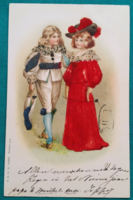 Antik csillámos üdvözlő képeslap  és bársony betéttel, gyerekek kosztümös viseletben