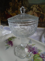 Covered, decorative glass storage, serving, sugar bowl, table centre.