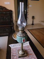 Antik nagyméretű réz + majolika petróleum lámpa