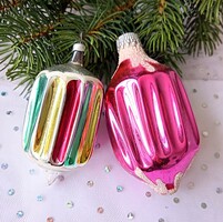 Old glass striped and pink lantern Christmas tree ornament 8-9.5cm each