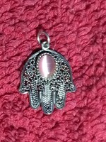 925 Sterling silver women's handmade hamsa hand pendant with pink stone