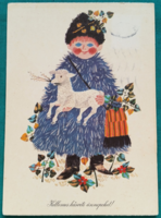 Régi grafikus húsvéti üdvözlő képeslap, Hajnal Gabriella rajz, futott. 1971