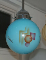 Art deco chromed ceiling lamp renovated - blue dome - geometric spritz decor painting