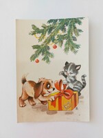Régi karácsonyi képeslap levelezőlap cica kutyus