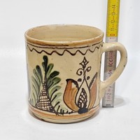 Korondi folk ceramic mug with colorful floral pattern, off-white glaze (2804)