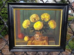 Ferenc Schey: chrysanthemum yellow, oil, wood fiber, frame 55 x 70 cm, antique picture frame.