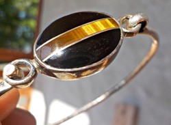 Handmade Mexican 925 silver bracelet with onyx and tiger eye inlay.