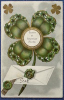 Antik Újévi üdvözlő litho képeslap - stilizált 4levelű lóhere