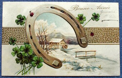 Antique embossed New Year litho postcard - lucky horseshoe 4-leaf clover ladybug landscape