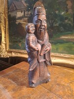 Antique Chinese carved wooden Confucius statue