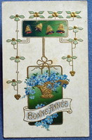 Antique art nouveau embossed New Year greeting litho postcard - golden bells forget-me-not from 1910