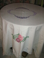 Beautiful vintage rosy hand embroidered elegant lacy edged antique woven tablecloth