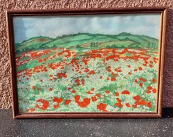 Poppy meadow labeled watercolor painting