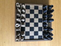Old wooden figure chess set in its original box, incomplete
