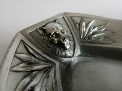 Art-noveau/szecessziós ezüstözött, oroszlánfejes ón füles tál, Norblin & Co. 1910
