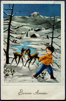 Retro New Year greeting card - winter landscape deer little child