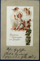 Antik keretes Karácsonyi /Újévi üdvözlő litho képeslap -  Kisjézus angyalkákkal  1901ből