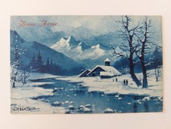 Old New Year postcard with snowy landscape