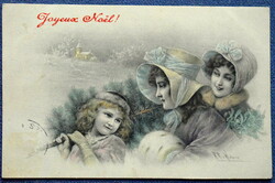 Antik RR Wichera grafikus Karácsonyi üdvözlő képeslap - hölgyek, kisleány fenyőfával  !vágot!!