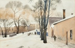 Lajos Dobroszláv (1902 - 1986) section of street in Tata c. Your watercolor with an original guarantee!