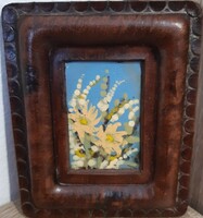 Lászlón Ács - yellow flowers - fire enamel picture in a leather frame