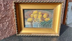 Signed, old oil on canvas lemon still life painting