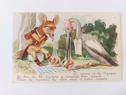 Régi képeslap mese levelezőlap La Fontaine: A róka és a gólya