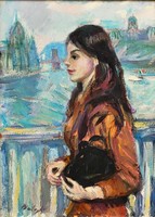 András Balogh (1919 - 1992) Budapest, girl on Margaret Bridge. Gallery original with warranty!