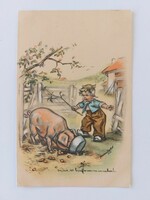 Old postcard 1936 graphic postcard humor little boy pig