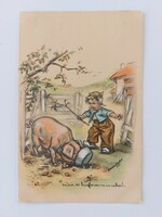 Régi képeslap 1936 grafikus levelezőlap humor kisfiú malac