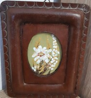Mrs. Lászlón Carpenter - white flowers - fire enamel picture in a leather frame