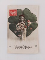 Régi újévi képeslap fotól levelezőlap kisfiú lóhere