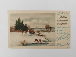 Old mini postcard 1943 Christmas greeting card fawn blue