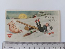 Régi mini képeslap karácsonyi üdvözlőkártya kéményseprő malac
