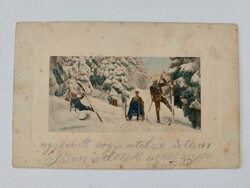 Old postcard 1914 photo postcard skiing sledding